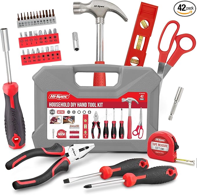 Hi-Spec 42pc Red Household DIY Small Tool Kit. Toolbox Set of Starter Basic Tools Kit for Home & Office