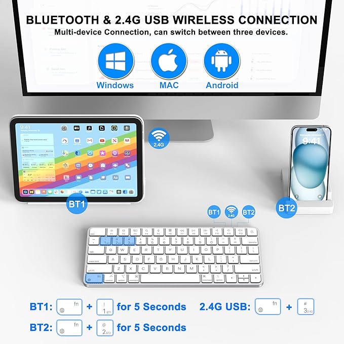 Wireless Keyboard for Mac, Bluetooth/2.4G USB Dual-Channel Connection, Multi Device, Rechargeable Bluetooth Keyboard Compatible with Mac, iPad, iPhone