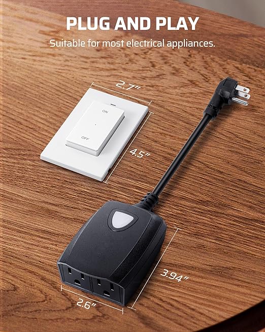 DEWENWILS Outdoor Wireless Remote Control Dual 3-Prong Outlet Weatherproof, Expandable Indoor Electrical Power Strip with Wall/Portable Light Switch, 15A, 7-inch Cord 100FT Range, ETL Listed