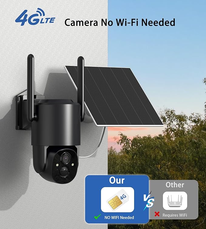 4G LTE Cellular Security Camera: No WiFi Security Camera Outdoor Solar Built-in SIM Card 2K Home Cameras System Wireless Outside Battery Powered with 360° Live View Color Night Vision Motion Detection