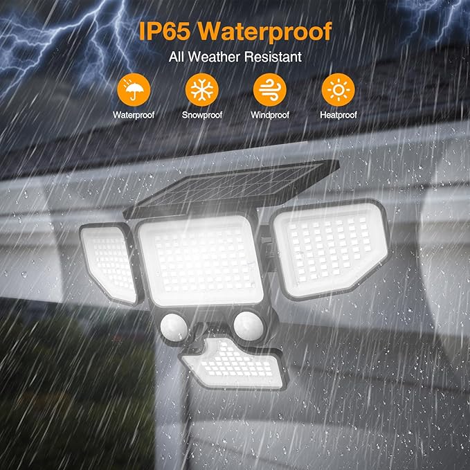 3000LM Solar Lights Outdoor, 4 Heads Solar Security Lights with Remote Control, 180 LEDs IP65 Waterproof Motion Sensor Lights 3 Modes Flood Lights for Wall, Porch, Yard, Outside, 3 Pack