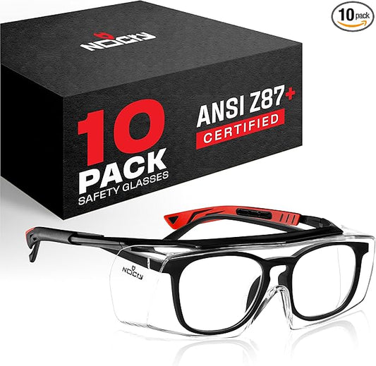 NoCry Safety Glasses That Fit Over Your Prescription Eyewear. Clear Anti-Scratch Wraparound Lenses, UV400 Protection, ANSI Z87 & OSHA Certified. Use in the Lab, Travelling, Black & Red (10-pack)