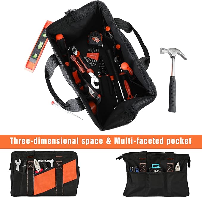 ValueMax 13-Inch Small Tool Bag, Wide Mouth Tool Bag with 12 Storage Pockets, Heavy Duty Orange Tool Tote Organizer