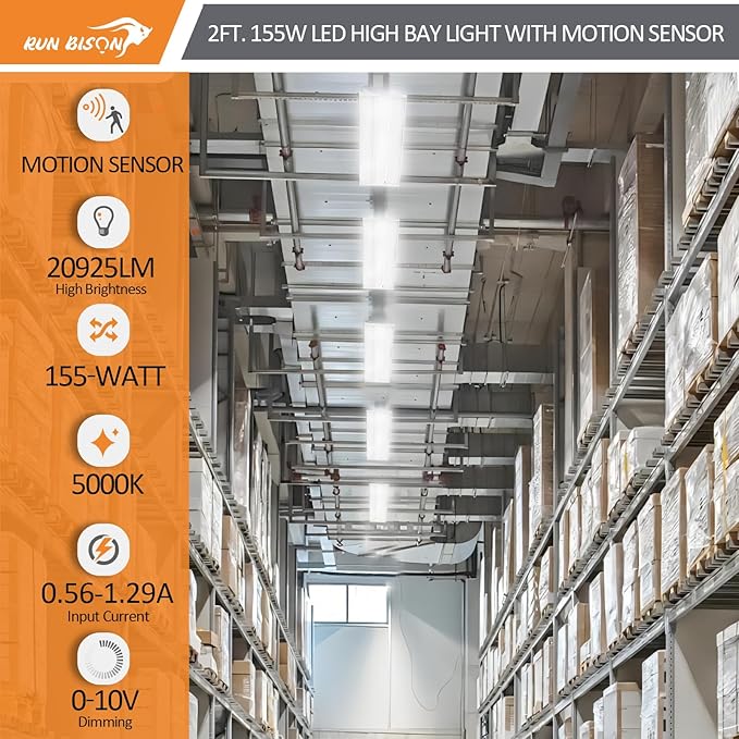 2FT LED Linear High Bay Fixture with Motion Sensor, 155W LED Shop Light, 20,925lm 135LM/W, 120-277V, 5000K Daylight Linear Hanging Light, UL&DLC Listed - 2PK