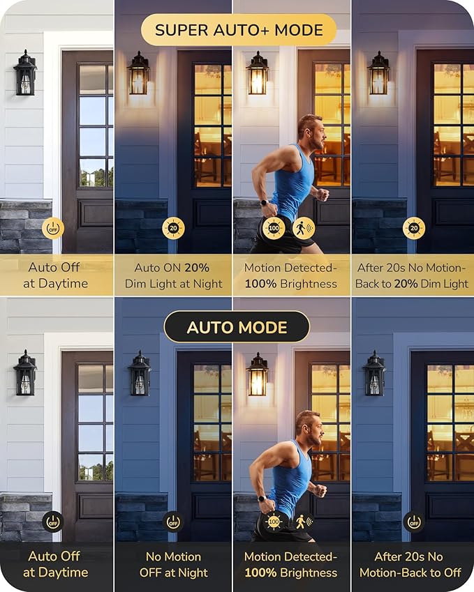 EDISHINE Motion Sensor Outdoor Wall Light, Dusk to Dawn Front Porch Light Fixture, Outdoor Wall Sconce with Clear Glass, Black Exterior Wall Lantern for Door, Garage, Patio, House