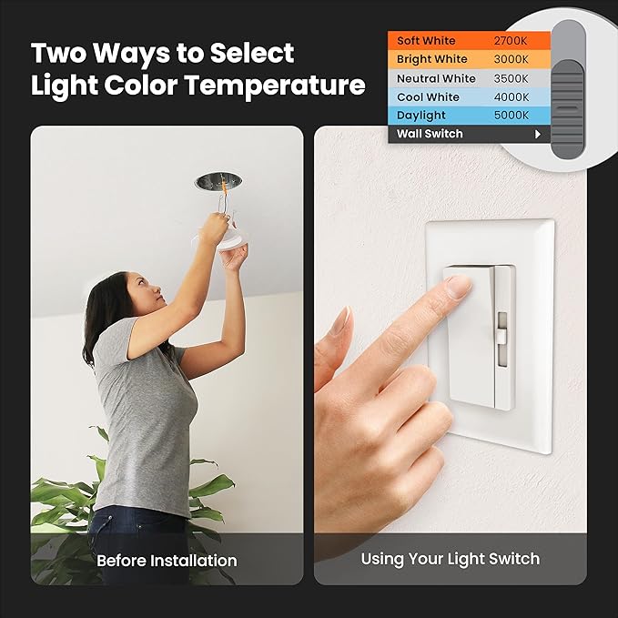 Feit Electric 5/6 Inch LED Recessed Downlight, 22.5W (120W Eqv), Dimmable, Adjustable White 2700K–5000K, Retrofit Kit, E26 Adapter, Ideal for Larger Spaces or High Ceilings, LEDR56XHO/6WYCA/4, 4 Pack