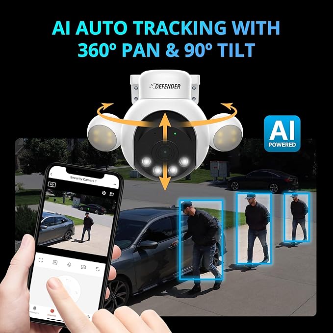 Defender Exclusive Bundle: AI Powered Sentinel 4K Wired Security Camera System, 360° PTZ Security Camera System, AI Tracking, Human Detection, Blue/Red Lights, Color Night Vision | 4 Cameras 1TB