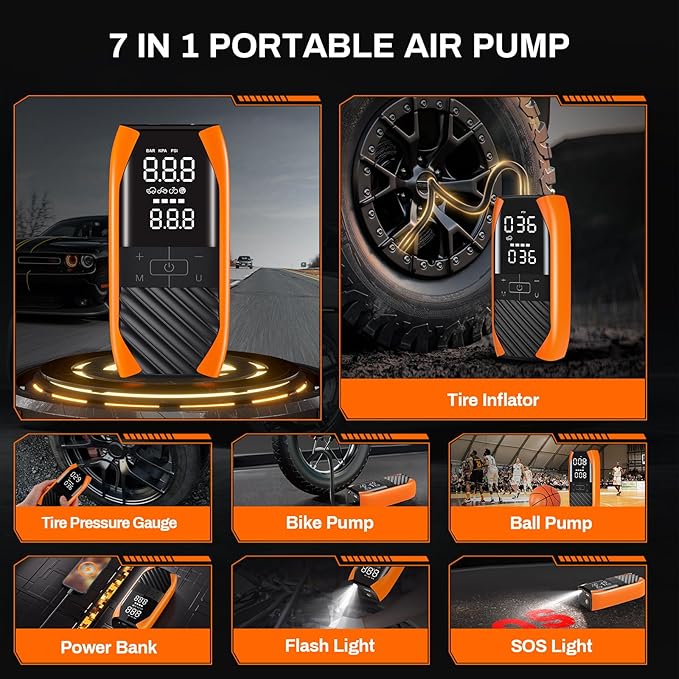 K1 Tire Inflator Portable Air Compressor,4X Faster 20000mAh Cordless Air Pump with Pressure Gauge,150 PSI Wireless Car Tire Inflator, Portable Air Pump for Car Tires, Bikes, Motorcycles,Balls