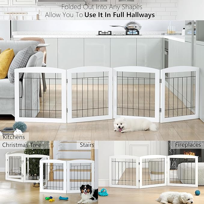PAWLAND Dog Gate for The Doorways House Stairs Foldable Freestanding Indoor Pet Gate for Dogs Wooden Puppy Safety Fence 80" Wide 24" Height 4 Panels White