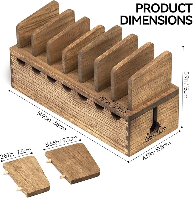 KIRIGEN Charging Station Organizer for Multiple Devices Desktop Organizer Wooden Cable Management with 7 Ports for Cell Phones, Tablets, Earphones GDXH-DBR