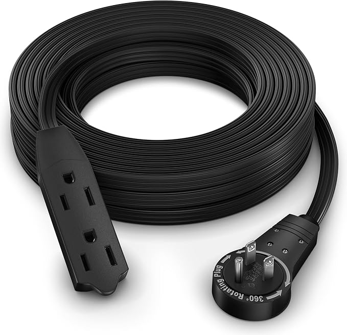 Maximm Cable 25 Ft 360° Rotating Flat Plug Extension Cord/Wire, 16 AWG Multi 3 Outlet Extension Wire, 3 Prong Grounded Wire - Black - UL Certified
