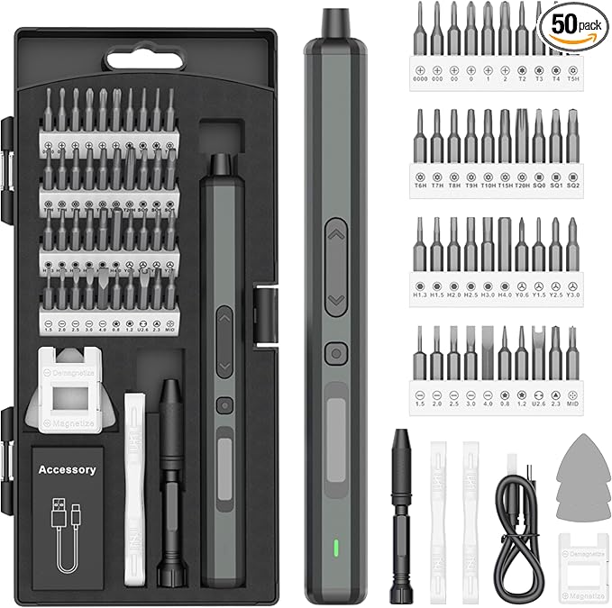 Grey Mini Electric Screwdriver - 50 in 1 Small Electric Screwdriver Set with 40 Magnetic Bits, High Torque Driver with Lithium Ion Battery for Electronics Portable Phone, Camera, Watch Repair