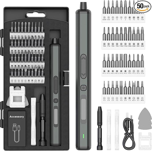 Grey Mini Electric Screwdriver - 50 in 1 Small Electric Screwdriver Set with 40 Magnetic Bits, High Torque Driver with Lithium Ion Battery for Electronics Portable Phone, Camera, Watch Repair