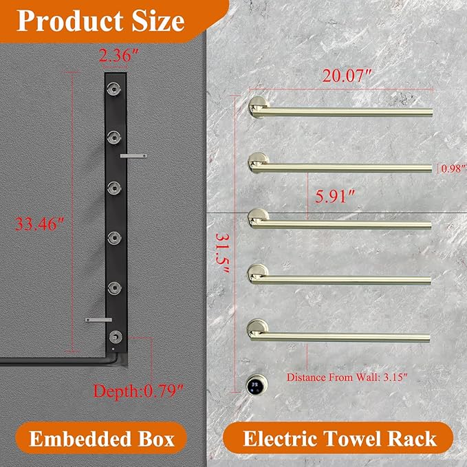 Heated Towel Rack Concealed Smart, 93W Swivel Electric Towel Warmer for Bathroom, Built-in Modular Electric Towel Rack with Timer, Thermostat, LED Display, APP, 5 Bars 180° Rotation, Hardwired, Gold