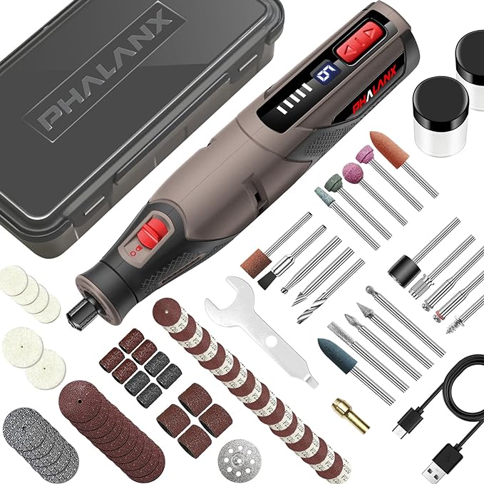 Rotary Tool Kit - 4V Power Rotary Tools, PHALANX Rotary Tool 80PCS Accessories 4000mAh Li-Ion Battery, 9 Speed Adjustment Multi-Purpose Engraver Tool for Wood Cutting Sanding Light-Duty DIY Crafting