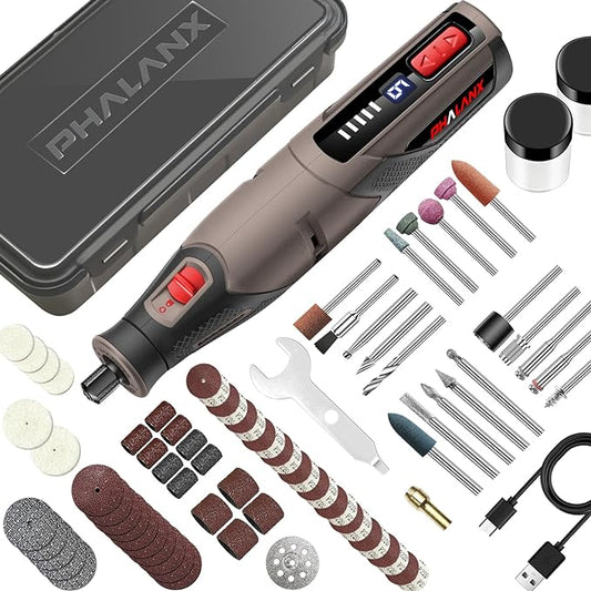Rotary Tool Kit - 4V Power Rotary Tools, PHALANX Rotary Tool 80PCS Accessories 4000mAh Li-Ion Battery, 9 Speed Adjustment Multi-Purpose Engraver Tool for Wood Cutting Sanding Light-Duty DIY Crafting
