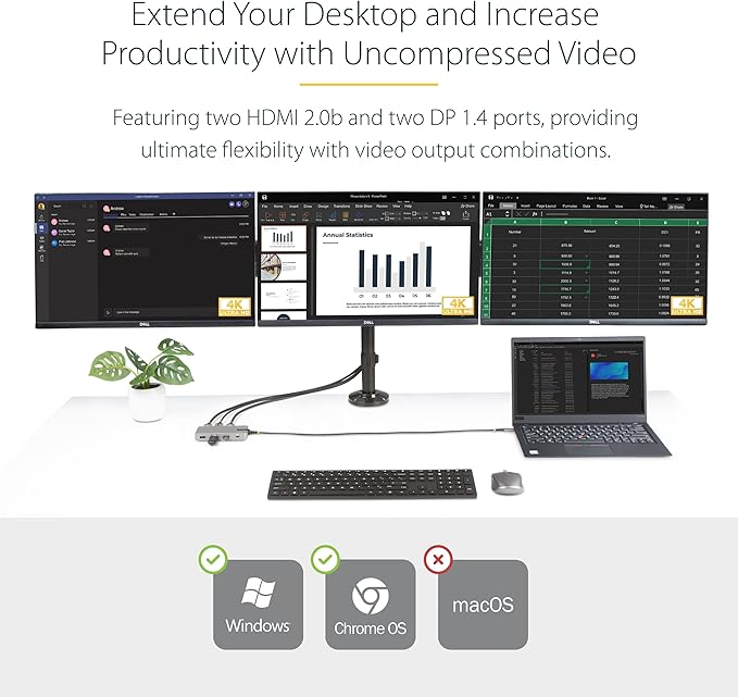 StarTech.com USB-C Docking Station for Windows and ChromeOS, Triple 4K HDMI DP Video, USB 10Gbps Hub, 100W Laptop Charging, GbE