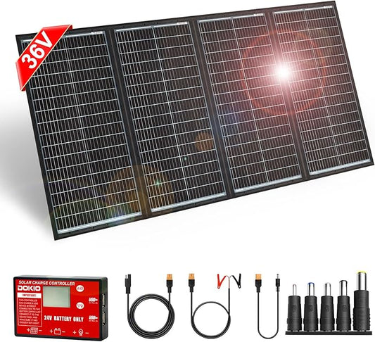 DOKIO 300W 36V Portable Folding Solar Panel Kit for 24V Batteries & Power Stations Lightweight Charger for AGM, LiFePO4, Deep Cycle — RV, Trailer, Truck, Boat, Camping, Van, Emergency