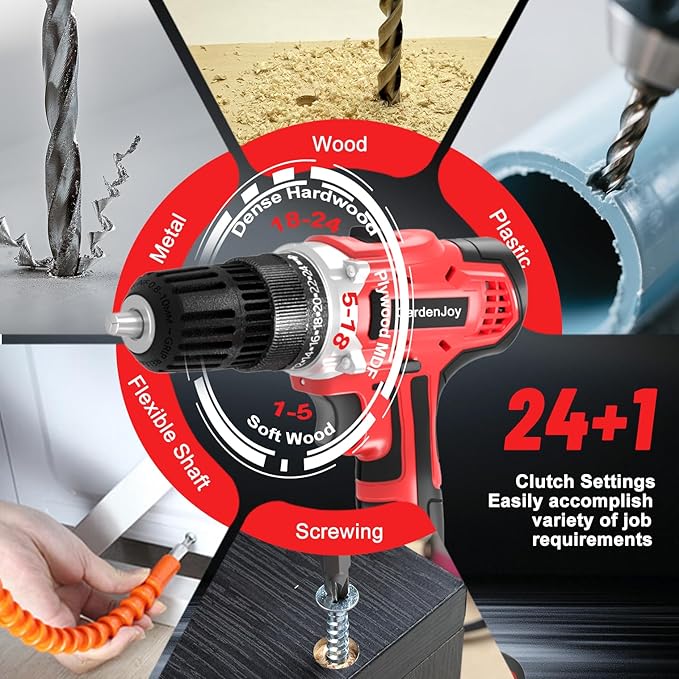 21V Power Drill Cordless Tool Kit Set, Electric Screwdriver Cordless Drill with Battery and Charger for Men Home, 3/8-Inch Keyless Chuck, Variable Speed, 24+1 Torque Setting with LED(Red)