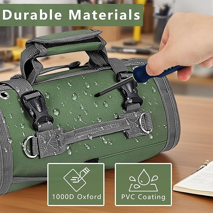 Roll Up Tool Bag Organizer, Tool Bags for Men, Tool Roll Bag with 2 Detachable Zipper Pouches, Heavy Duty Tool Bag for Dad Birthday, Father’s Day Gifts, Handyman or RV Owners (Green)