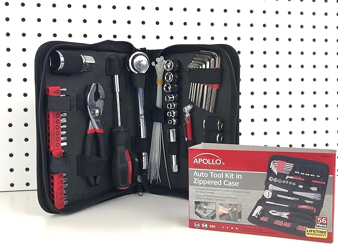 Apollo Tools 56 Piece Compact Metric Auto Tool Set in Zippered Case, Small Mechanic Tool Set for Car Emergency, Motorcycle Repair on the Road, Great for Travel Tool Needs - Red - DT9775