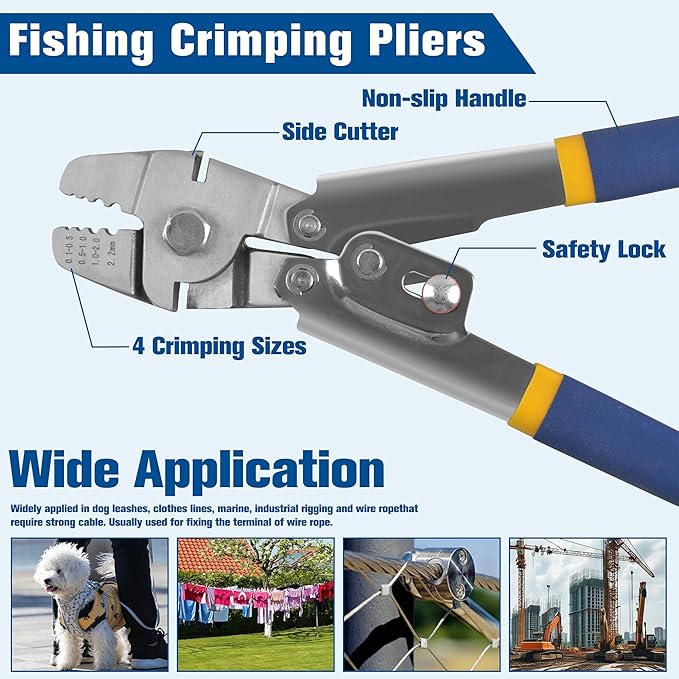 Fishing Crimping Pliers Crimp Sleeves Set,Wire Rope Crimping Tool Kit Heavy Duty Wire Leader Rope Crimper Plier 4 Size Crimping