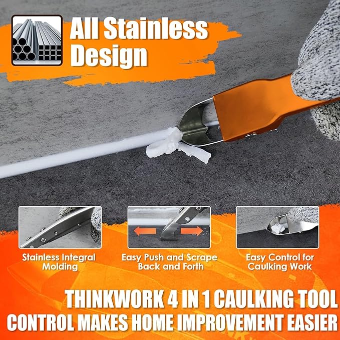 THINKWORK Caulking Tool Kit, 4 in 1 Caulk Remover Tool, Stainless Steel Caulk Tool for Kitchen Bathroom Window Sink Tile Joint, Orange
