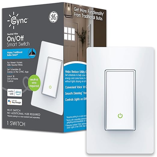 GE CYNC Smart Light Switch, Paddle Style, Neutral Wire Required, Bluetooth and 2.4 GHz Wi-Fi 4-Wire Switch, Compatible with Alexa and Google (1 Pack)