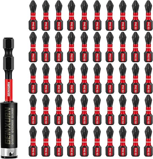 51Pack PH2 1 Inches Impact Tough Anti-Slip Screwdriver Bits, #2 Phillips 1/4 Inch Hex Shank Magnetic Tips Cross Screwdriver Bits Set with 1Pcs Impact Bit Holder,Bulk