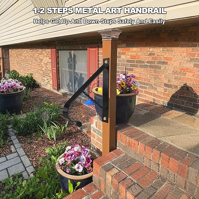 19.5" Handrail for Outdoor Steps,1-2 Steps Stair Handrails-Wall Mounted Wrought Iron Hand Railing-Powder Coated Carbon Steel-Metal Art Single Step Handrail-Step Grab Rail for Indoor Outdoor Stair Step