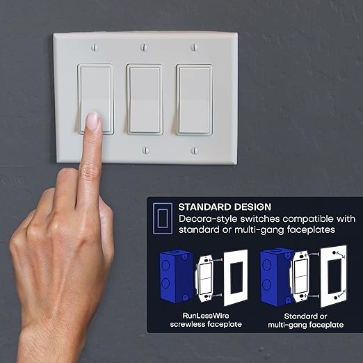 RunLessWire 4-Way Battery-Free DIY Wireless Light Switch Kit 150ft RF Range Self-Powered by Kinetic Energy for Hallways & Stairways: 3 Remote Switches Control 1 5A On/Off Receiver – Light Almond