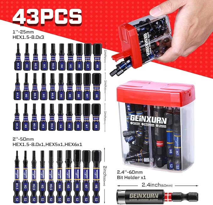 Impact Metric Hex Screwdriver Bits Set,43 Pcs(1.5mm-8mm) Magnetic 1" & 2" Long S2 Steel Multi Hex Driver Bits with Magnetic Bit Holder Storage Colorful Box