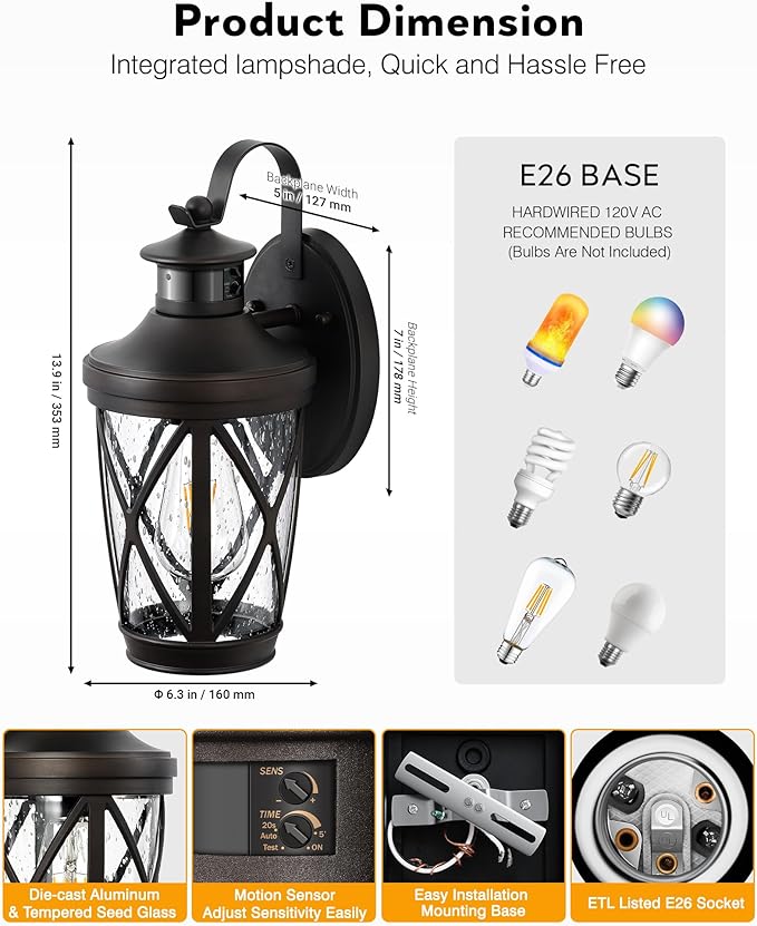 VIANIS Motion Sensor Outdoor Wall Lantern for Porch, Oil Rubbed Bronze Exterior Lighting Fixtures Wall Mount, 2-Pack Exterior Sconce Light with Tempered Seed Glass, Outdoor Garage Lights for Coach