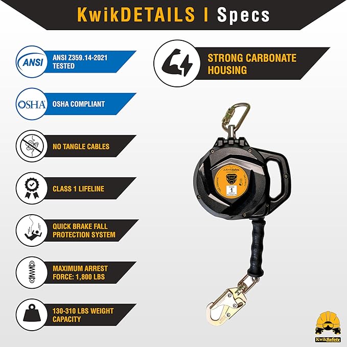 KwikSafety - Charlotte, NC - Mamba 50’ Self Retracting Lifeline [Carbonate + Integrated Handle] Class 1 Cable SRL ANSI OSHA Retractable Fall Arrest Safety Roofing Construction Gear