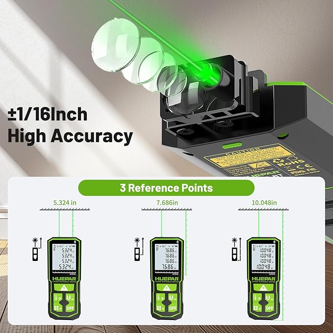 Huepar Professional Green Laser Measuring Tool 196ft, Digital Rechargeable Laser Distance Meter with Angle Sensor, 1/16in Accuracy, M/in/Ft Unit, Pythagorean Mode, Measure Distance, Area, Volume