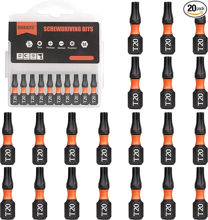 Pro T20 Bit Assortment - Screwdriver Bits Set 20Pcs, 25mm Length, Torx Screwdriver Bit, 1/4 Inch Hex Shank, with Storage Box