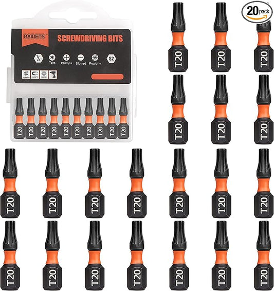Pro T20 Bit Assortment - Screwdriver Bits Set 20Pcs, 25mm Length, Torx Screwdriver Bit, 1/4 Inch Hex Shank, with Storage Box