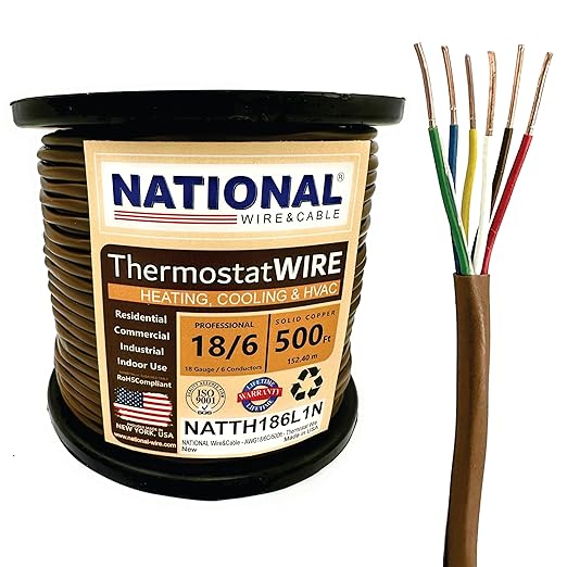 18/6 500Ft. NATIONAL Wire&Cable Thermostat Doorbell HVAC Heating Control Professional Cable Wire - Made in USA - 100% Solid Copper Conductors, CL2 ETL Listed, Low Voltage Applications Use