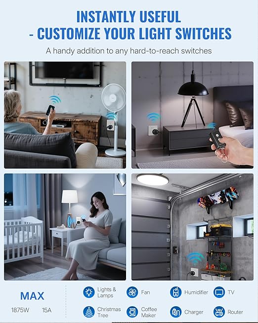 Black Remote Control Outlet, WILAWELS Wireless Remote On Off Switch for Outlet, Remote Light Switch for Lamp, Light, Programmable, 100ft RF Range, 15A/1875W, Battery Included, FCC Listed H11RC1106