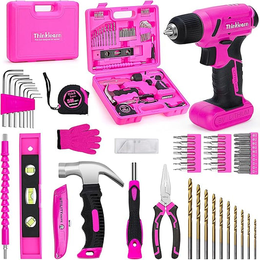 8V Pink Cordless Drill Set, 64 Pcs Pink Power Drill Tool Kit for Women, 3/8"Keyless Chuck Electric Screwdriver Driver Kit for Home DIY and Repair, USB Charger and Storage Box Included