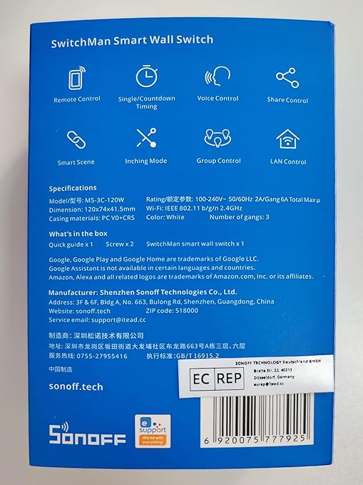 SONOFF Matter Smart Light Switch, 2.4GHz WiFi Light Switch, Neutral Wire Required Interruptor Inteligente, Smart Life Light Switch Compatible with Alexa and Google Home, 3 Gang M5-3C-120W