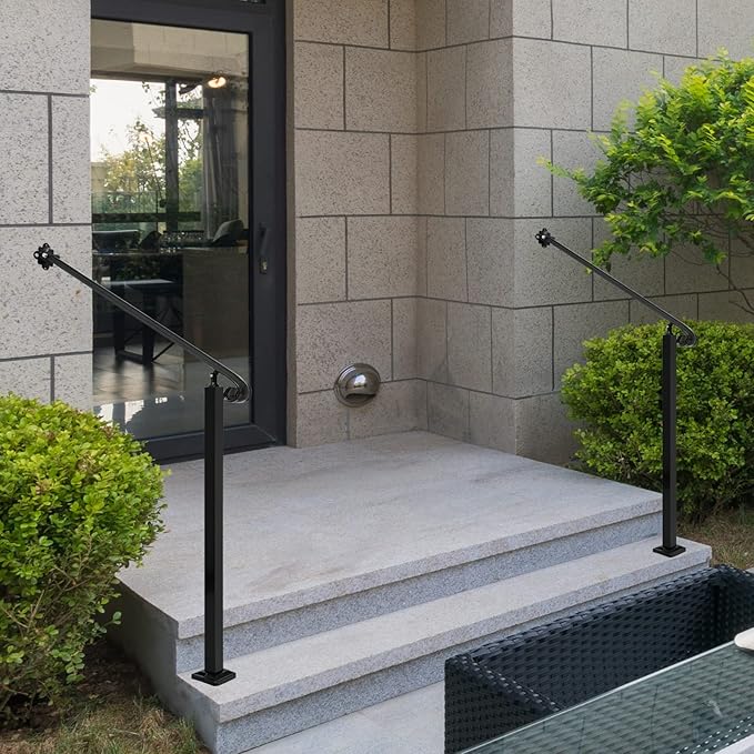 Adjustable Handrail 1-3 Step, Wall&Floor Mounted Wrought Iron Handrails, Handrails for Outdoor Steps, Stair Rail with Installation Kit Hand Rail, Black
