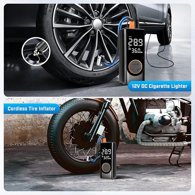 Tire Inflator Portable Air Compressor, 150PSI Cordless Air Pump for Car Tires, 4X Faster 12V DC Tire Pump with Tire Pressure Gauge, LED Light for Cars, Motorcycles, Bikes, Balls (Black)