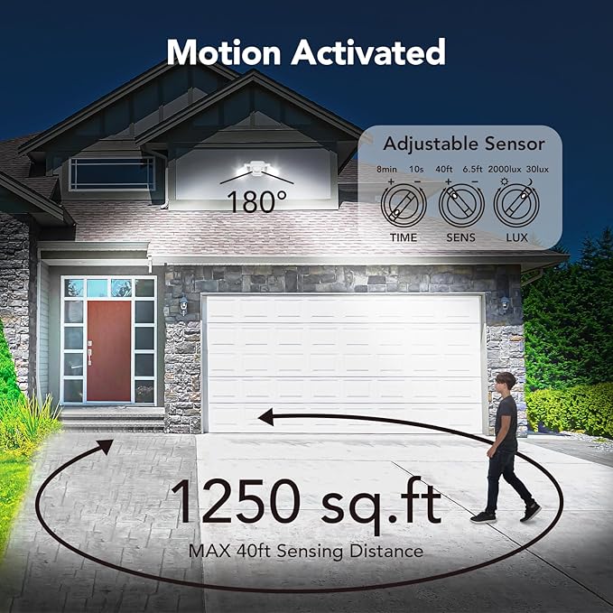 OREiN 2 Pack Motion Sensor Outdoor Lights, 450° Superwide Adjustment Dimmable Dusk to Dawn Flood Lights Outdoor, 5000K 12W=150W Outside LED Security Lights, IP65, White (Hardwired)