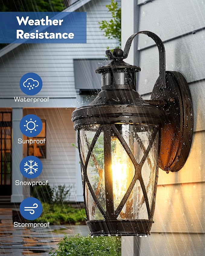 VIANIS Motion Sensor Outdoor Wall Lantern for Porch, Oil Rubbed Bronze Exterior Lighting Fixtures Wall Mount, 2-Pack Exterior Sconce Light with Tempered Seed Glass, Outdoor Garage Lights for Coach
