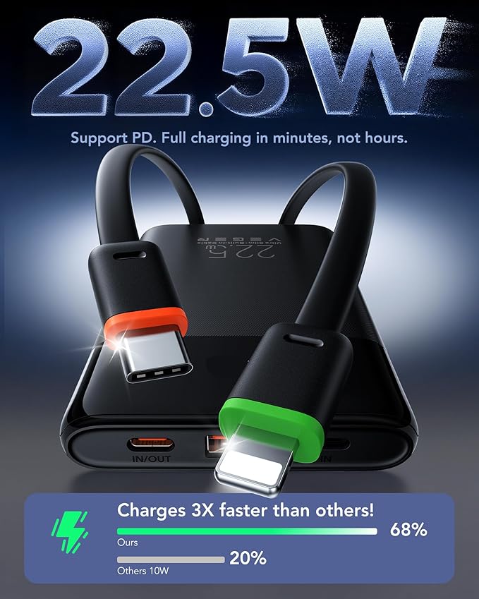 VEGER 10000mAh Portable Charger with 2 Built-in Cables, PD 22.5W Fast Charging USB C Power Bank, 4 Outputs 3 Inputs Slim Battery Pack Compatible with iPhone, Samsung, iPad, Android - Travel Essential