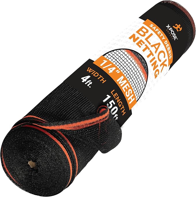 Construction Safety Debris Netting - 150 Ft Temporary Material Roll, 1/4" Mesh Scaffold Net Enclosure, Barricade, Visibility Barrier, Fencing Roll, Heavy Duty Fire Retardant 4 ft x 150 ft, Black