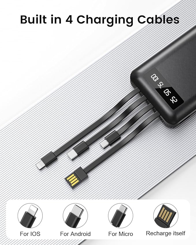 Portable Charger Power Bank with 4 Built in Cables, 38800mAh 22.5W External Battery Pack, USB C Slim Fast Charging, Travel Phone Charger for iPhone 16/15/14 Samsung Android iPad etc Black