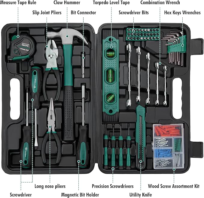 CARTMAN 152-Piece Basic Household Hand Tool Set,with Toolbox Storage Case, All Purpose Home Tool Kit Includes Essential Tools for Office College Repairs Green