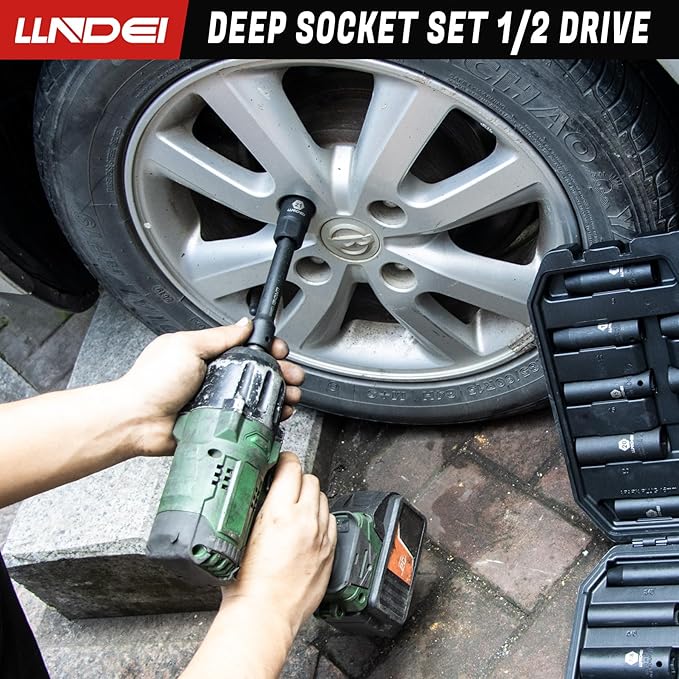 LLNDEI 1/2 inch Drive Deep Impact Socket Set, 37 Piece Standard SAE 3/8" to 1-1/4" | Metric 8 to 24mm, Includes Spark Plug Socket (16, 21mm), CR-MO Universal Joint, Extension Bars and Adapter